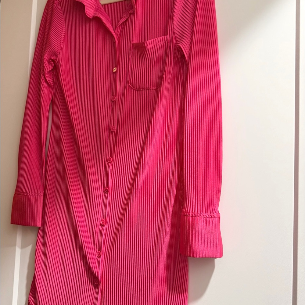 Satin Shirt Dress Hot Pink Size M